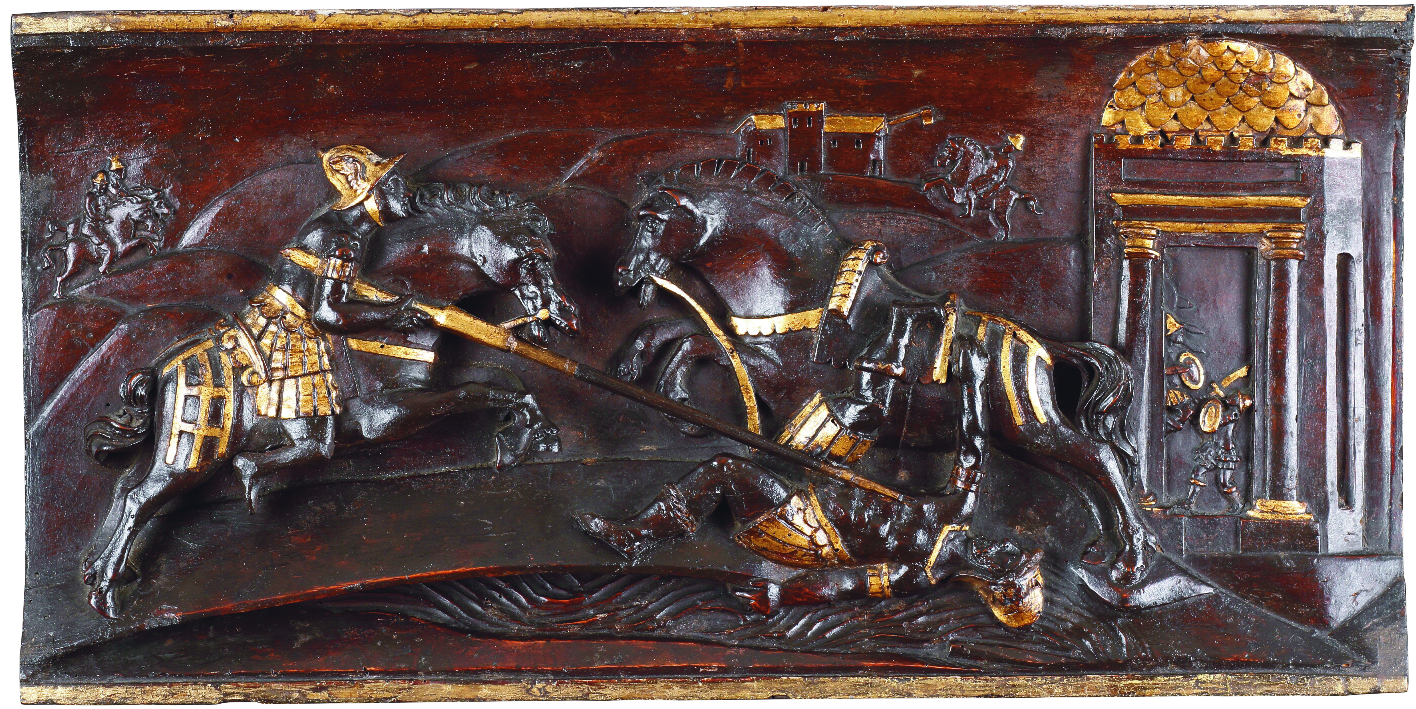A Set of Four Tuscan Carved Wood and Parcel Gilt Equestrian Reliefs 